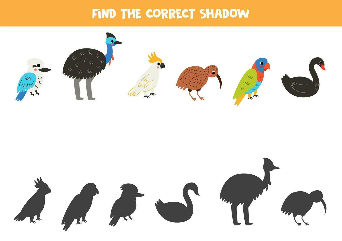 trouver ombres de mignonne australien des oiseaux. éducatif logique Jeu pour enfants. imprimable feuille de travail pour enfants d'âge préscolaire. vecteur