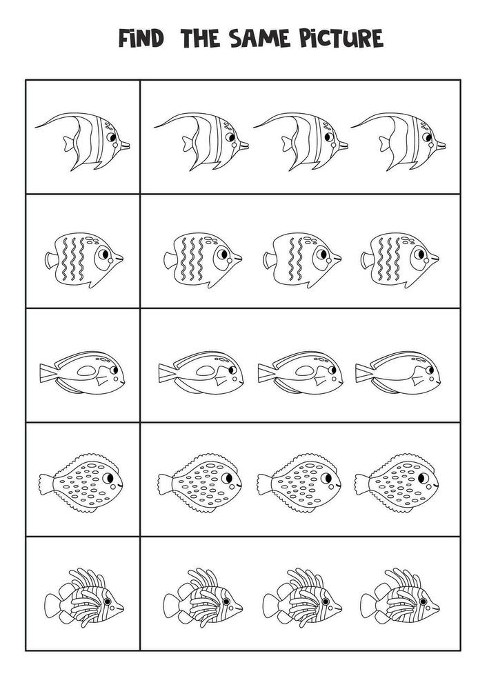 trouver deux le même mer poisson. noir et blanc feuille de travail. vecteur