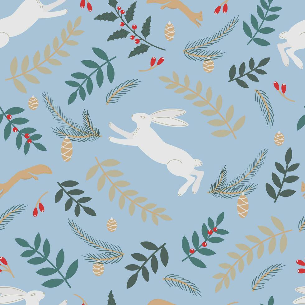 Noël sans couture modèle avec lapin, écureuil, houx, épicéa branches, cônes et baies. Nouveau année illustration. vecteur