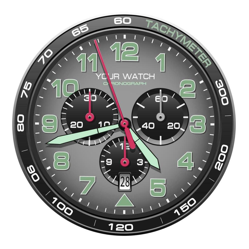 réaliste regarder l'horloge chronographe tableau de bord gris acier noir vert nombre rose La Flèche conception luxe pour Hommes sur blanc Contexte vecteur