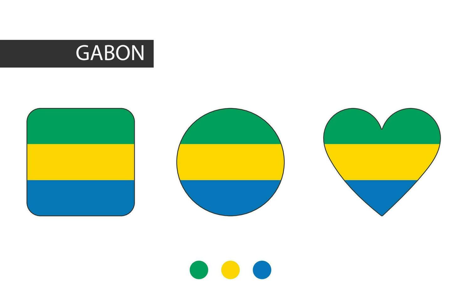 Gabon 3 formes carré, cercle, cœur avec ville drapeau. isolé sur blanc Contexte. vecteur
