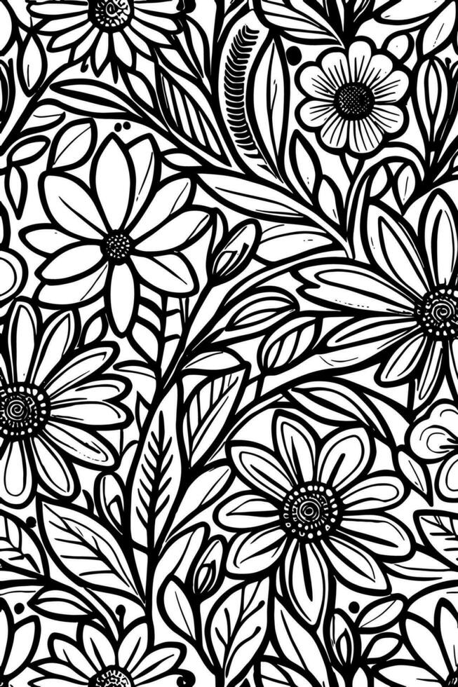 abstrait noir et blanc monochromatique dessiné à la main fleurs texture modèle griffonnage vecteur illustration