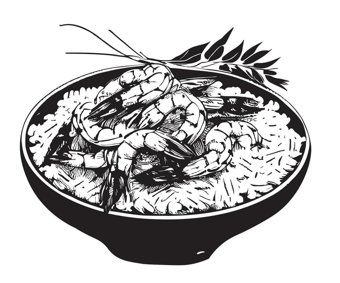 crevette riz silhouette esquisser main tiré dans griffonnage style asiatique nourriture vecteur illustration