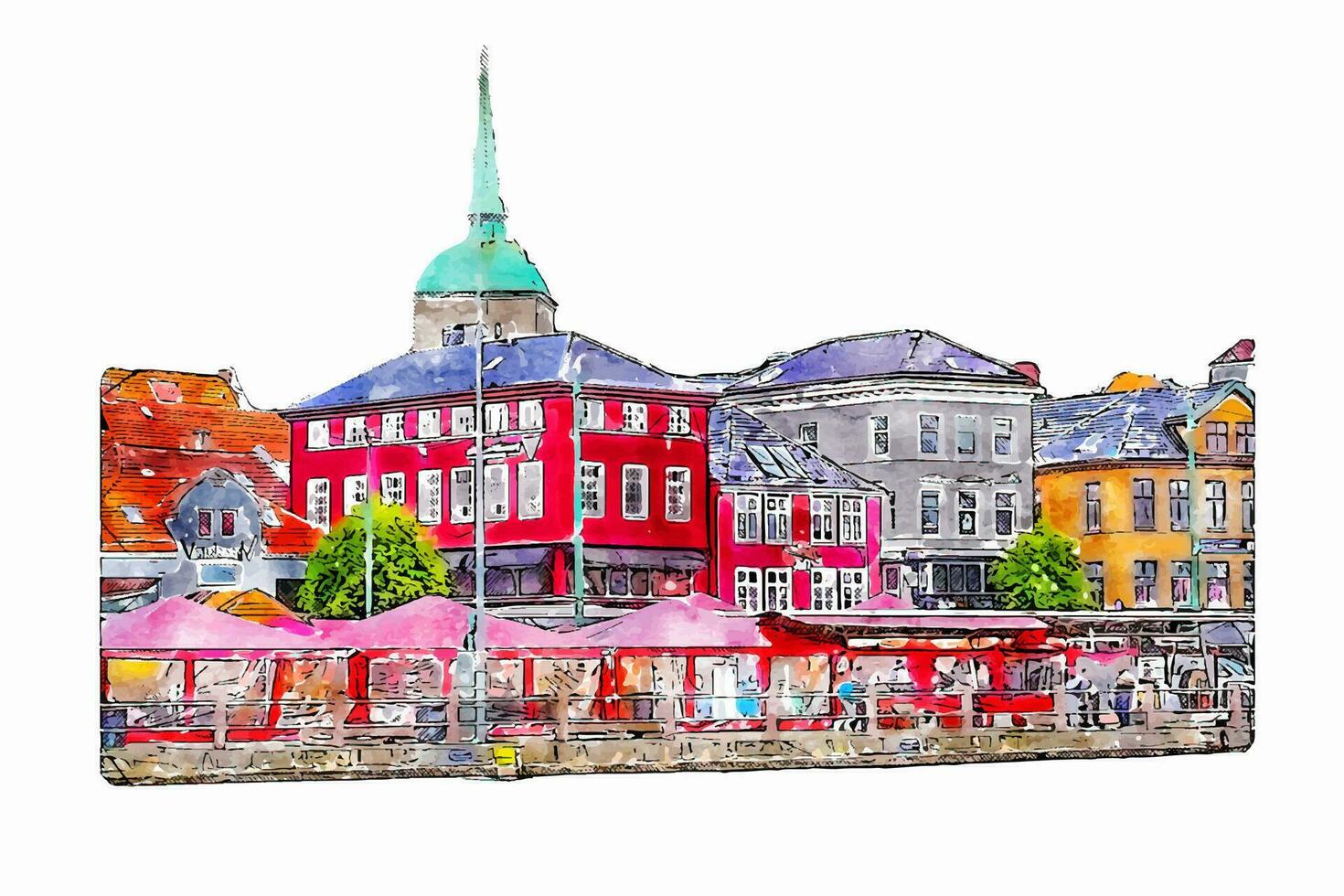 Bergen hordaland aquarelle main tiré illustration isolé sur blanc Contexte vecteur