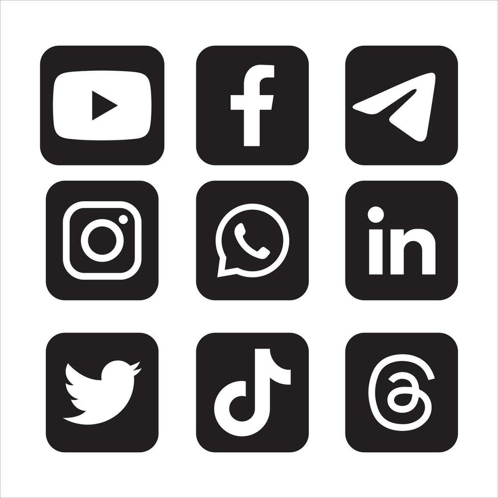 collection de logos de médias sociaux populaires. facebook, instagram, twitter, linkedin, youtube, télégramme, vimeo, snapchat, whatsapp. ensemble éditorial réaliste. vecteur