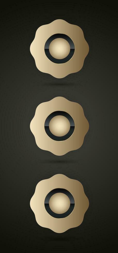 3 boutons dans luxe fleur or, prime, qualité badge vecteur, illustration conception, et Trois luxe cercles sur foncé Contexte modèle vecteur