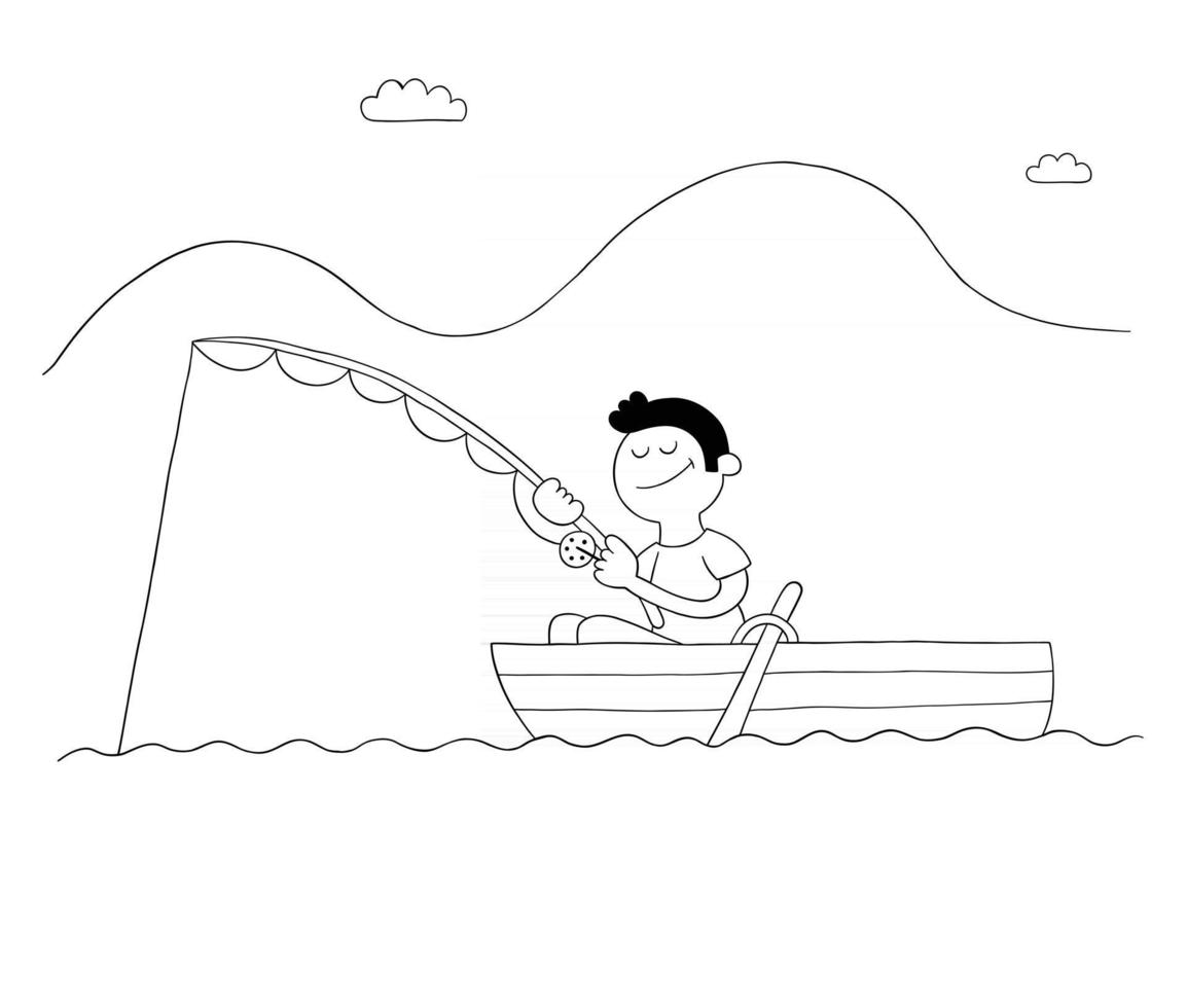 homme de dessin animé pêchant avec un crochet en bateau, lac ou mer vecteur