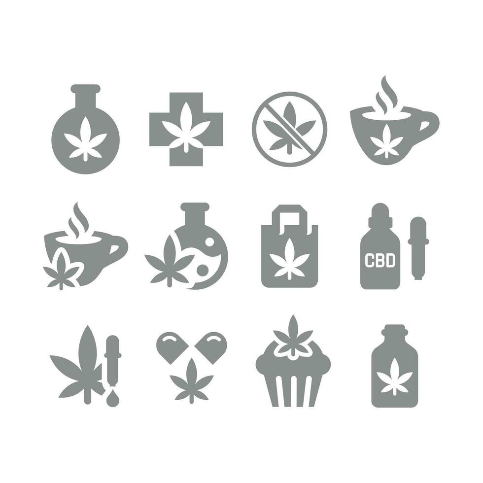 chanvre, cannabis et marijuana usage vecteur Icônes. CDB, médical cannabidiol et pétrole gouttes icône ensemble.