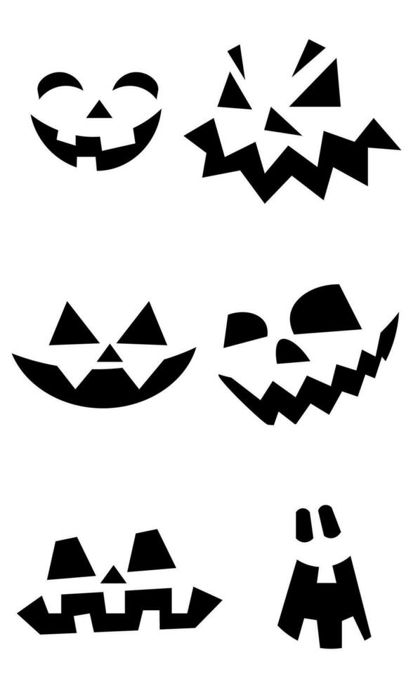 Halloween collection de sculpté sculpté visages silhouettes. noir et blanc images. une modèle avec différent yeux, bouches et nez pour sculpture une citrouille lanterne. vecteur illustration