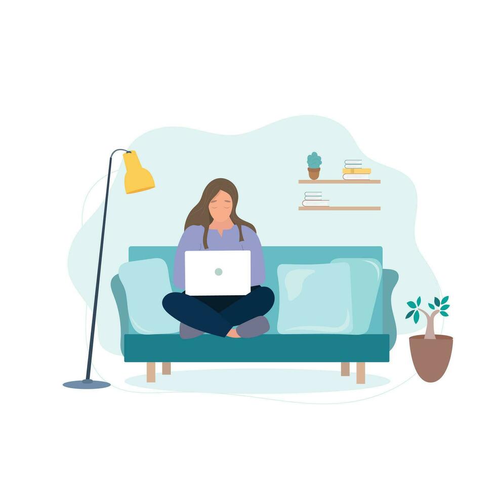 femme avec une portable travail sur e un canapé, étudiant ou pigiste concept. vecteur illustration dans plat style.
