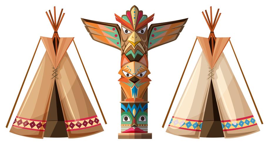 Ensemble de tipis et totem vecteur