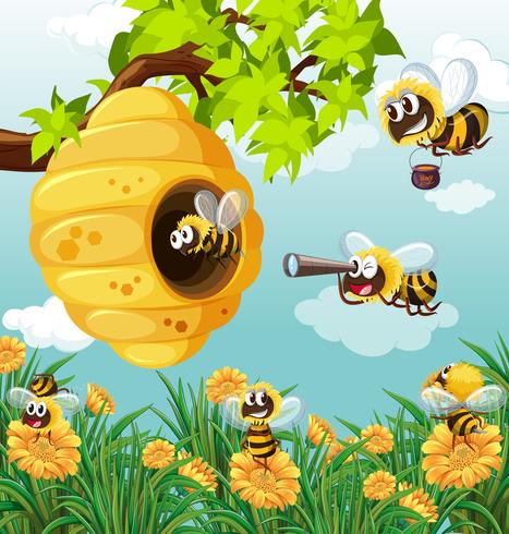 Beaucoup d&#39;abeilles volant dans le jardin vecteur