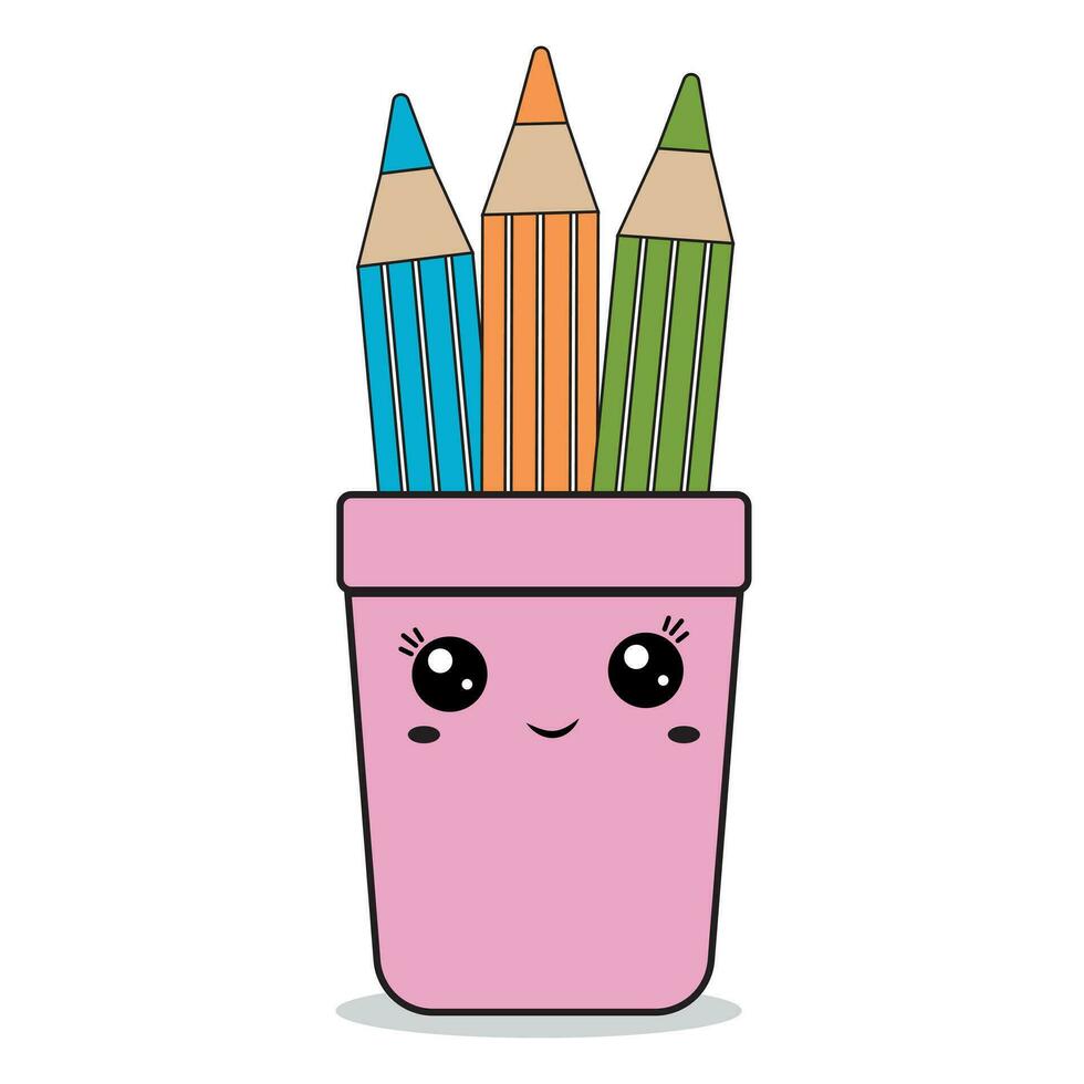 coloré des crayons dans une verre, Couleur vecteur illustration, kawaii, dessin animé style