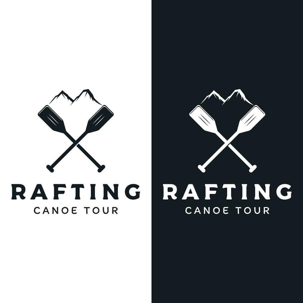 rétro ancien branché élément logo modèle rafting ou kayak avec montagnes et forêt.logo pour rafting club, sport, aventure et badge. vecteur