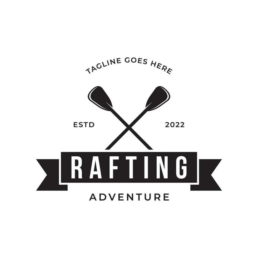 rétro ancien branché élément logo modèle rafting ou kayak avec montagnes et forêt.logo pour rafting club, sport, aventure et badge. vecteur