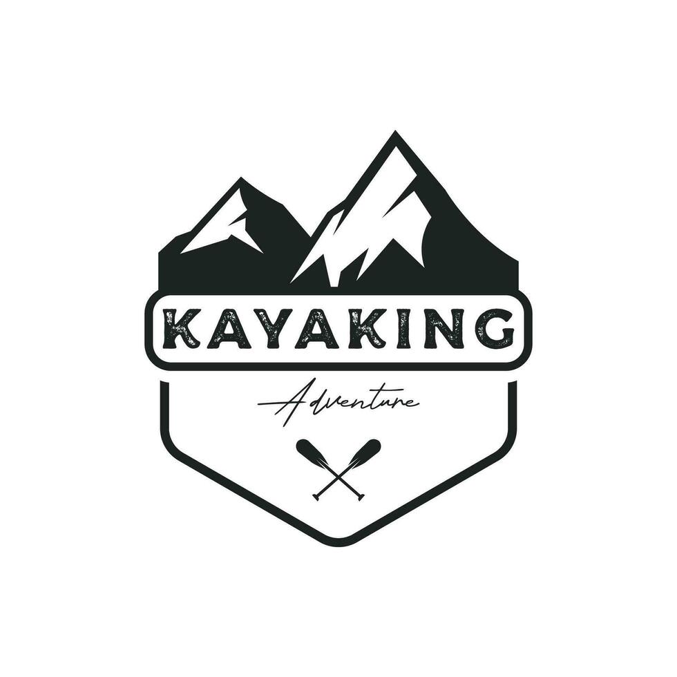 rétro ancien branché élément logo modèle rafting ou kayak avec montagnes et forêt.logo pour rafting club, sport, aventure et badge. vecteur