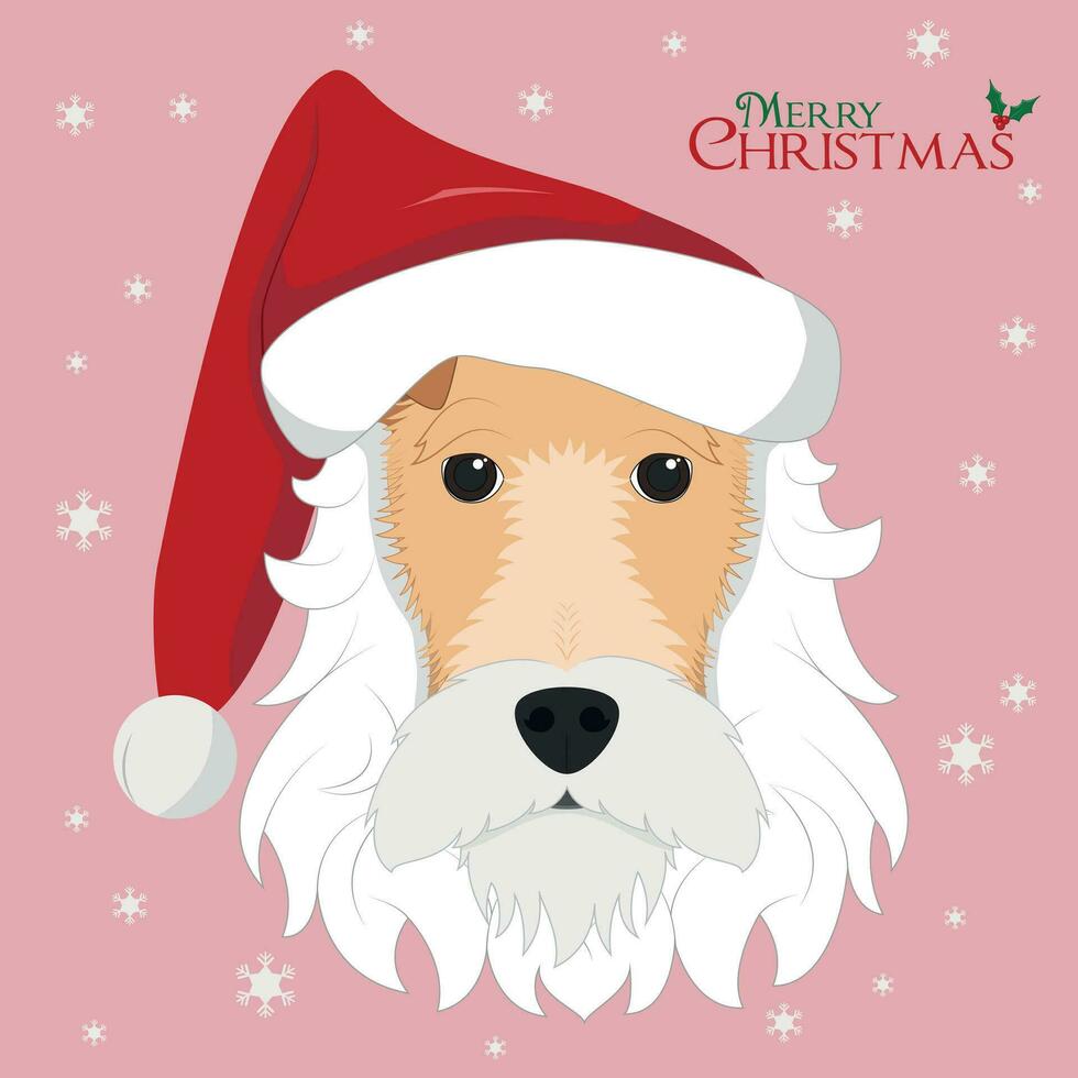 Noël salutation carte. Renard terrier chien avec blanc barbe et rouge Père Noël chapeau vecteur