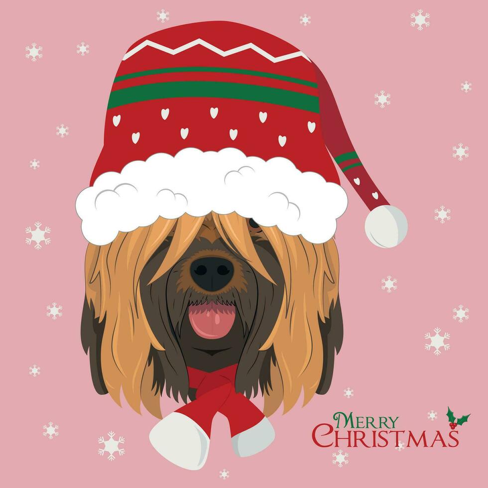 Noël salutation carte. briard ou Brie berger chien portant une écharpe et une de laine casquette pour hiver vecteur