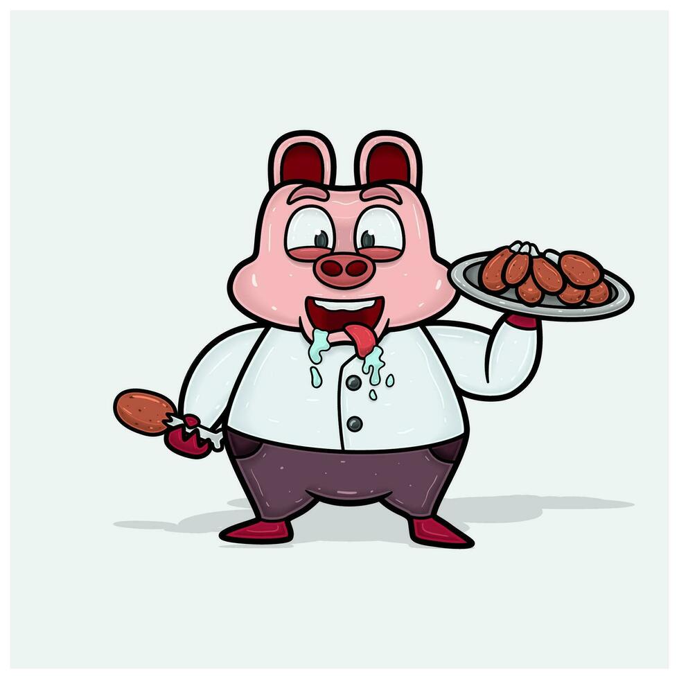 porc personnage dessin animé avec poulets et affamé. vecteur