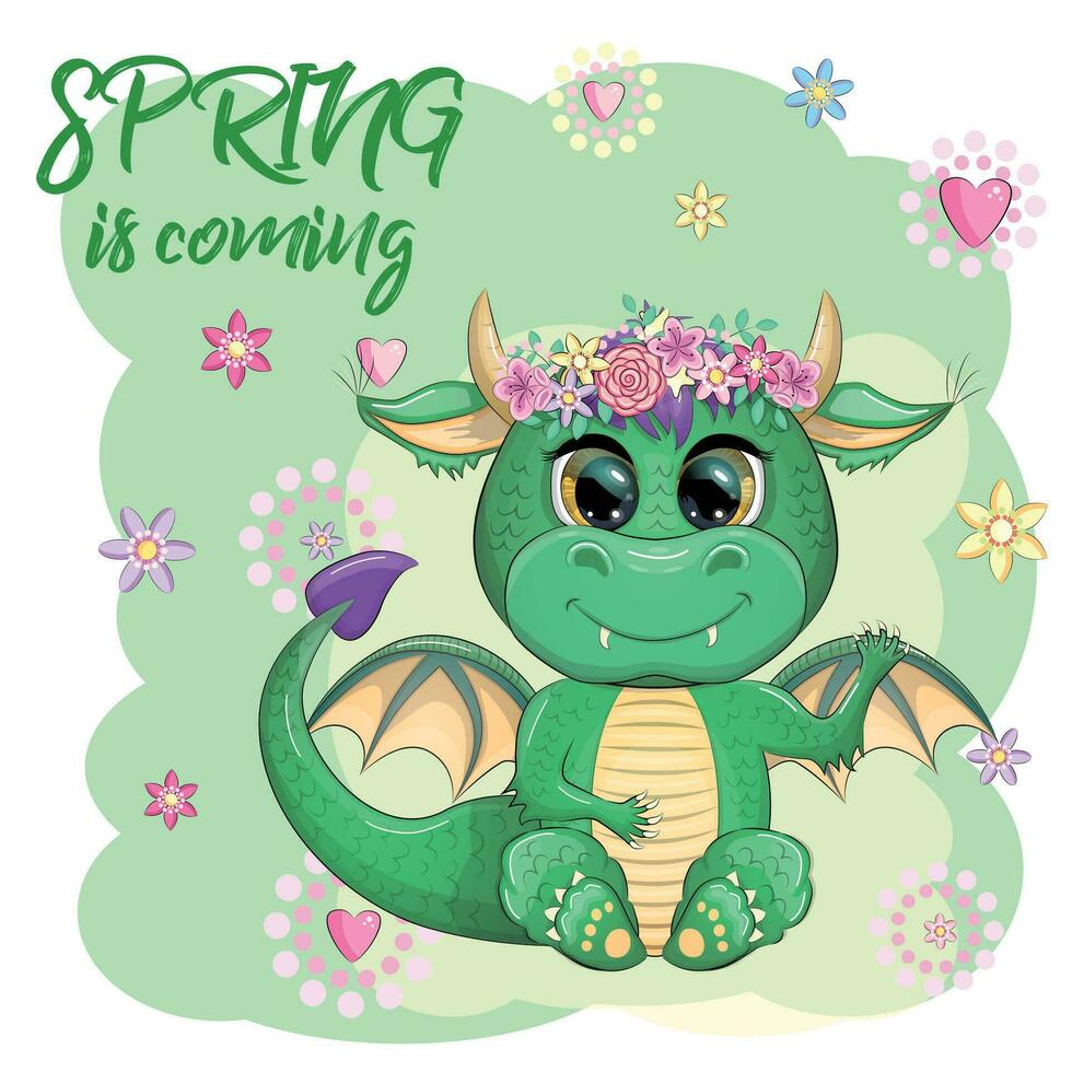 mignonne dessin animé vert bébé dragon avec cornes et ailes. symbole de 2024 selon à le chinois calendrier. marrant mythique monstre reptile. vecteur