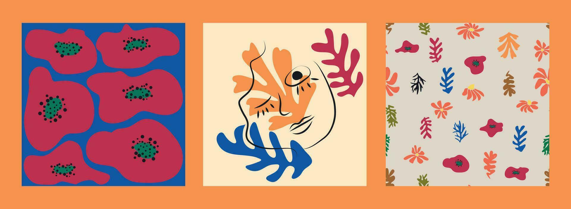 moderne branché matisse fleur minimal style. ensemble de 3 matisse inspiré mur art affiches, brochure, prospectus modèles vecteur