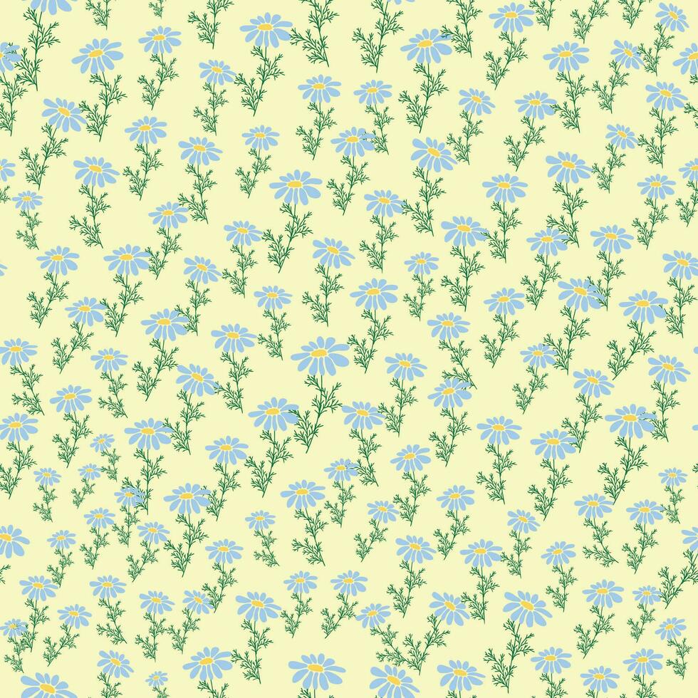 sans couture modèle Créatif floral impression avec camomille fleurs, feuilles dans main tiré style sur une bleu-turquoise Contexte vecteur