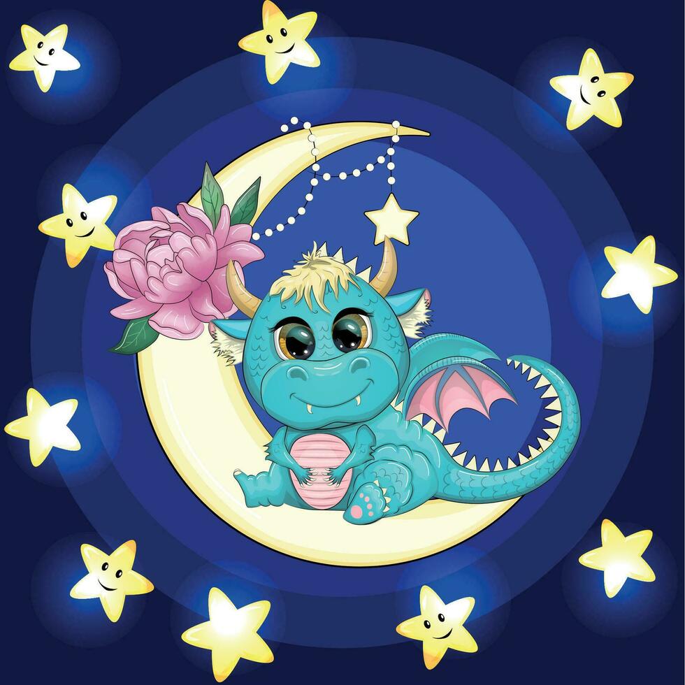 une mignonne dessin animé vert dragon est assis sur le lune. animal sur une foncé bleu Contexte avec des nuages et étoiles. année 2024 chinois calendrier vecteur