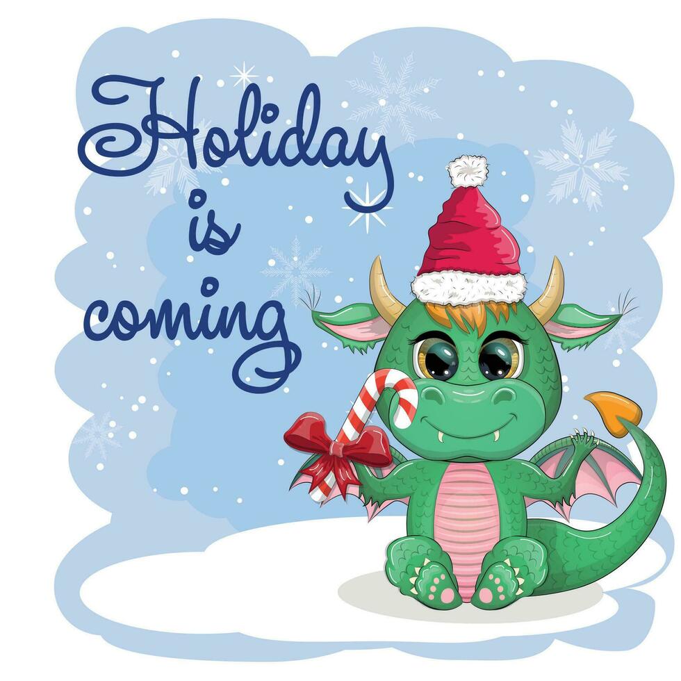 mignonne dessin animé vert dragon dans Père Noël chapeau. 2024 Nouveau année, chinois calendrier vecteur