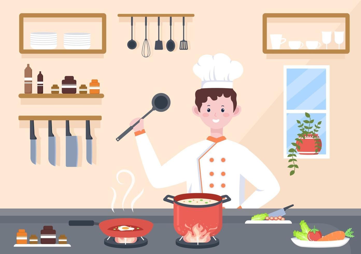 le chef cuisine dans le fond de la cuisine vecteur