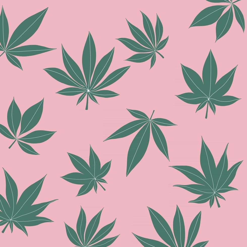 collection de feuilles de cannabis dessin à main levée sur fond rose. vecteur