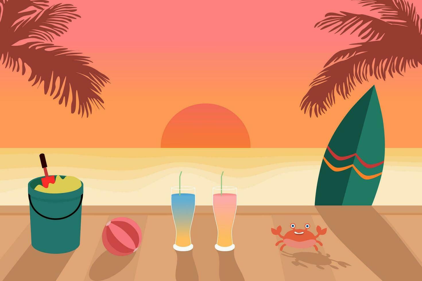 magnifique le coucher du soleil dans été à le plage avec le surf planche et boissons. illustration vecteur. paysage marin le coucher du soleil. vecteur
