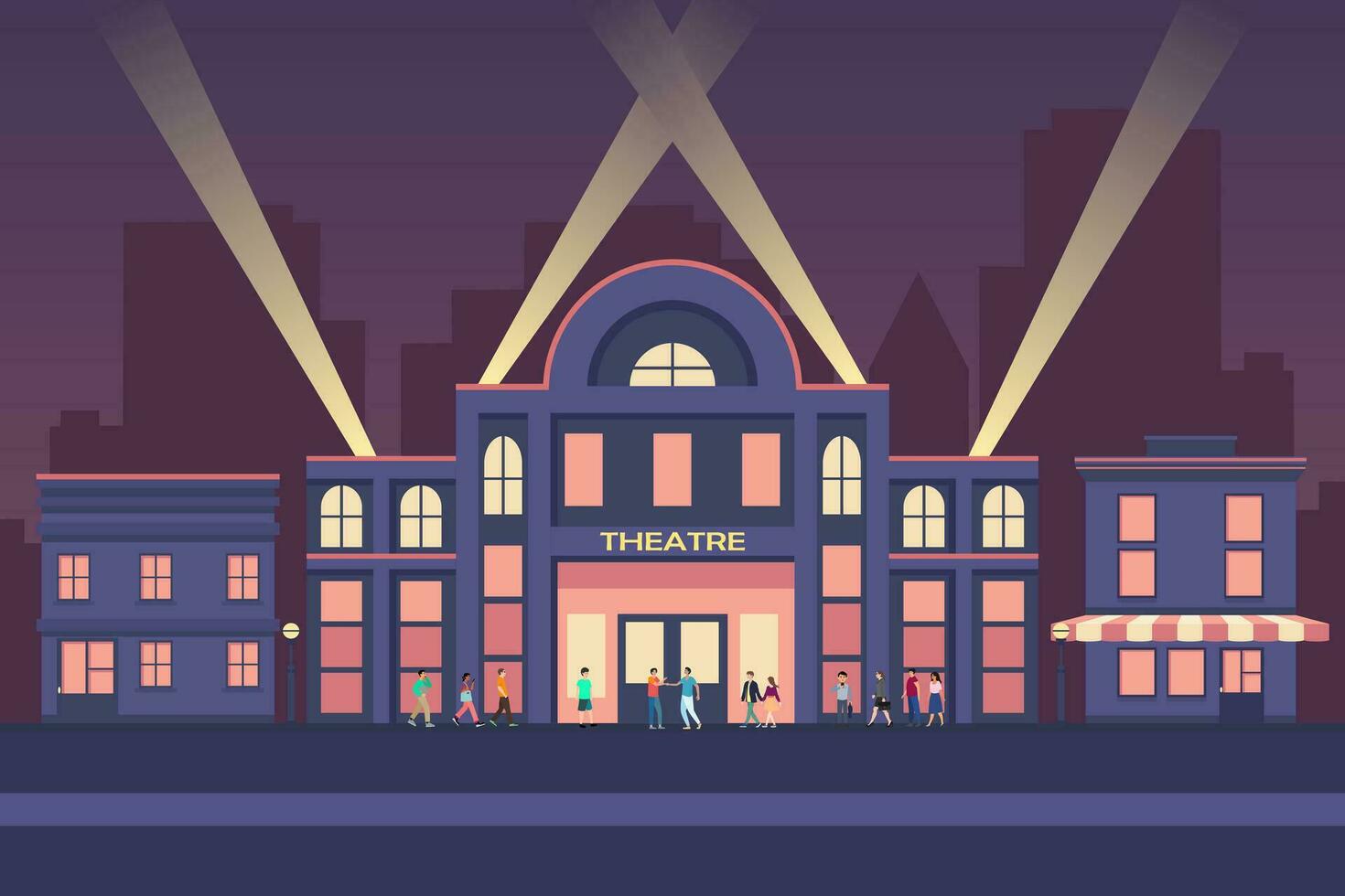 film théâtre ou cinéma bâtiment sur nuit scène Contexte. bâtiment extérieur vue dans plat style vecteur illustration.