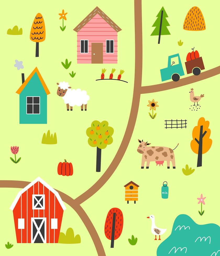 mignonne village carte avec Maisons et animaux. main tiré vecteur illustration de une cultiver. ville carte créateur.