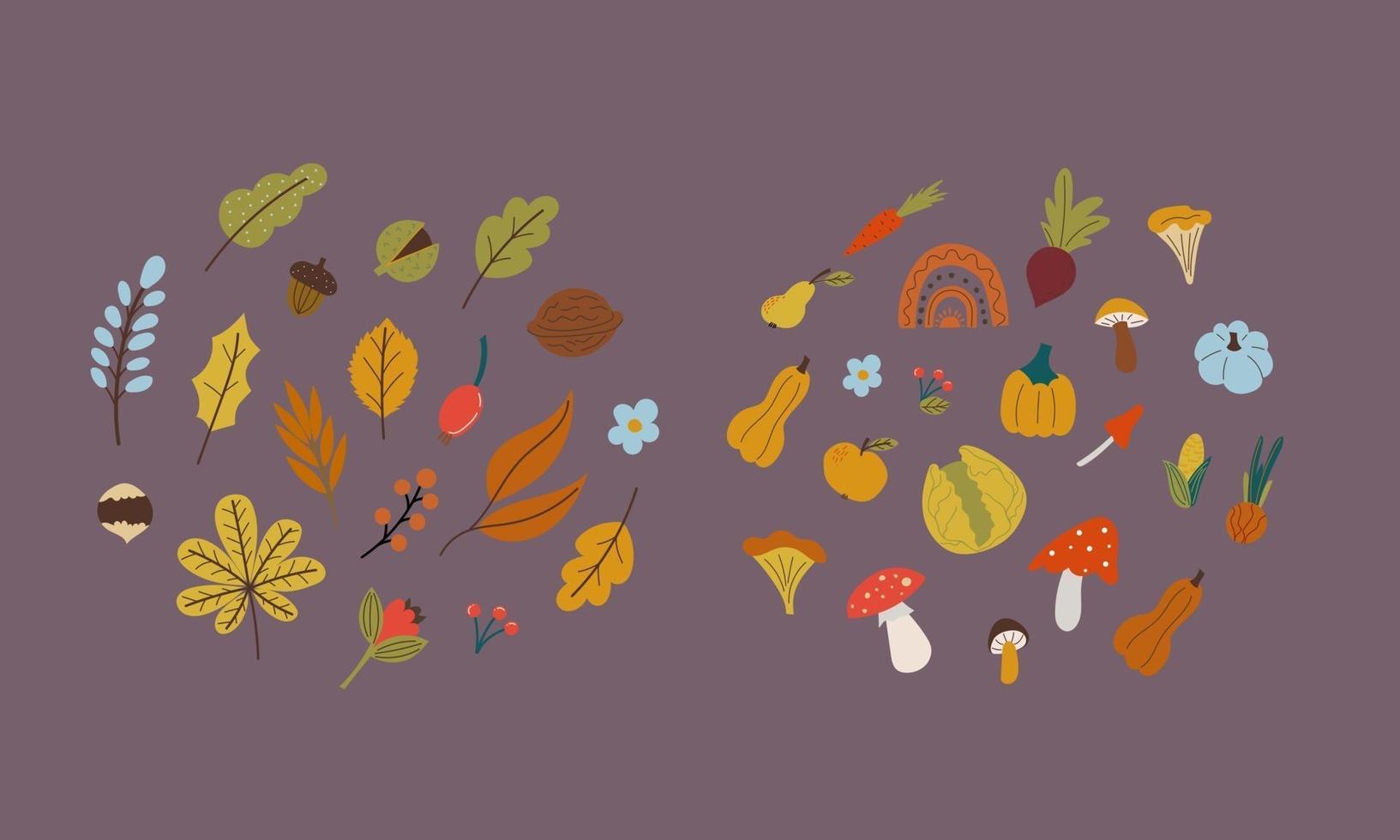 feuilles d'automne, champignons, légumes à plat. vecteur