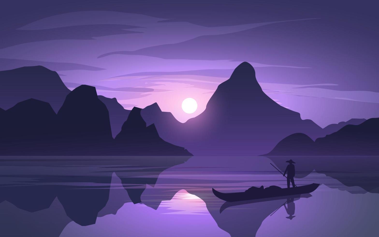paysage coucher de soleil au lac avec pêcheur vecteur