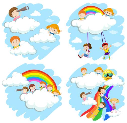 Enfants heureux sur des nuages moelleux et arc-en-ciel vecteur