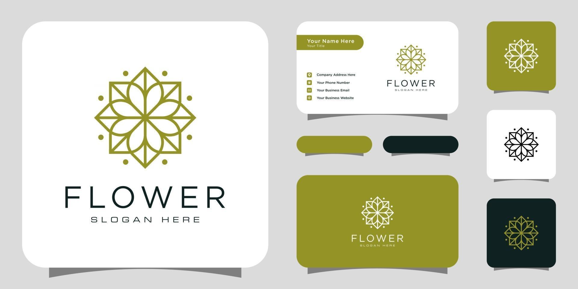 logo de luxe fleur mono ligne avec conception de carte de visite vecteur