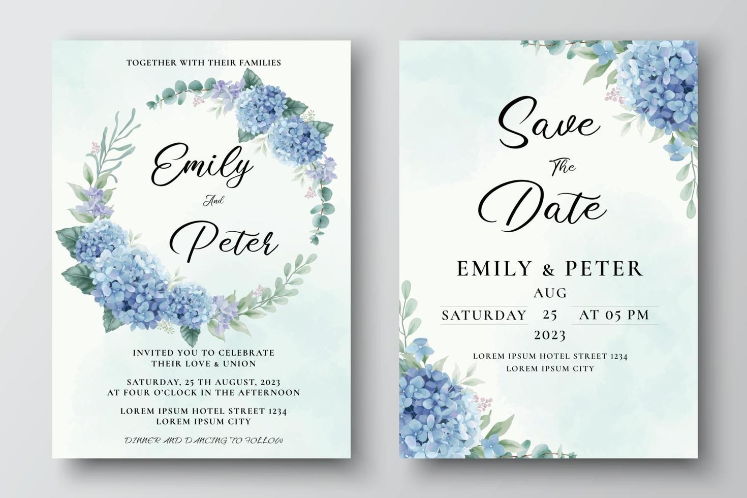 modèle d'invitation de mariage avec des fleurs d'hortensia bleu vecteur