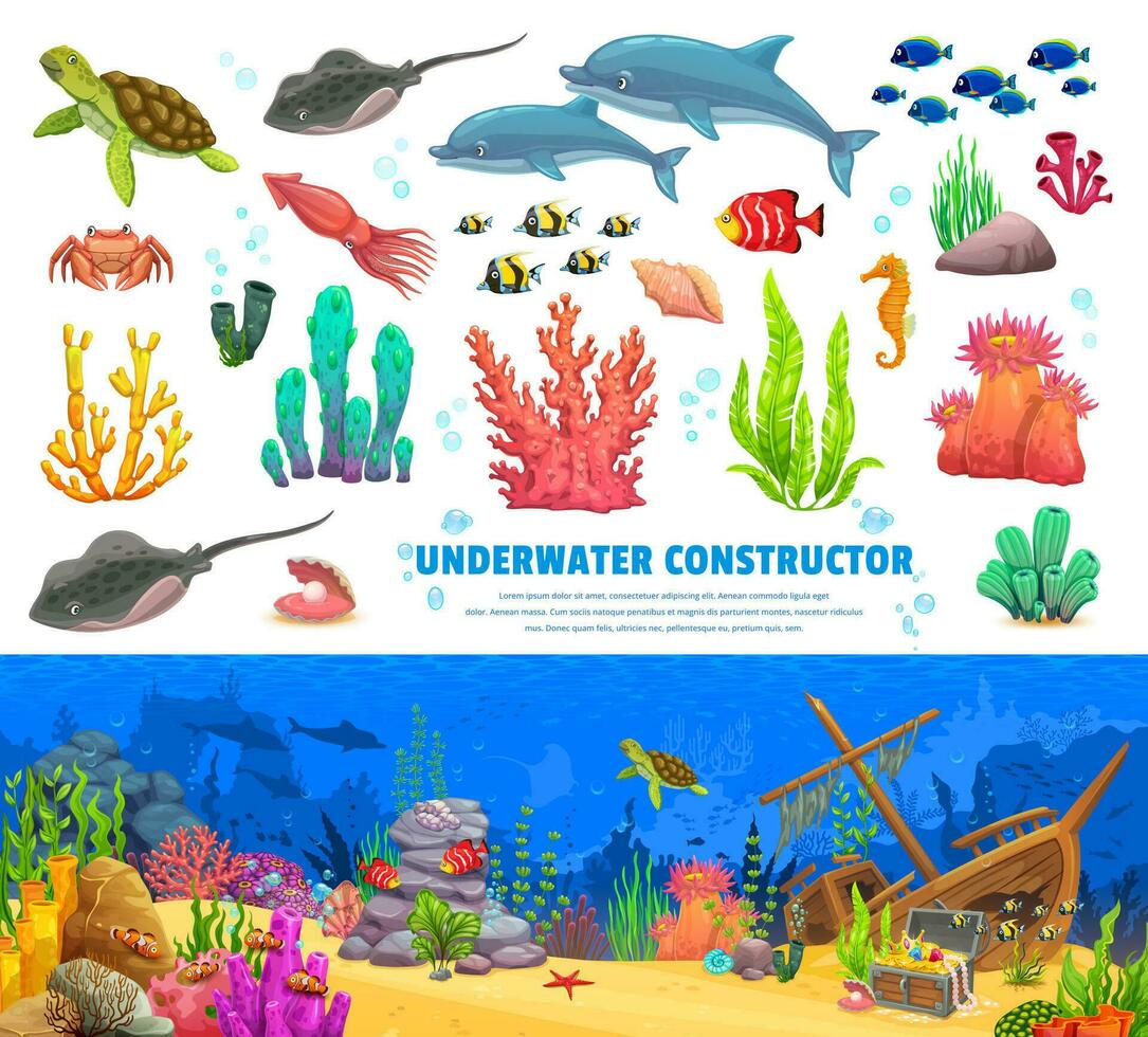 dessin animé des poissons et coraux, sous-marin constructeur vecteur