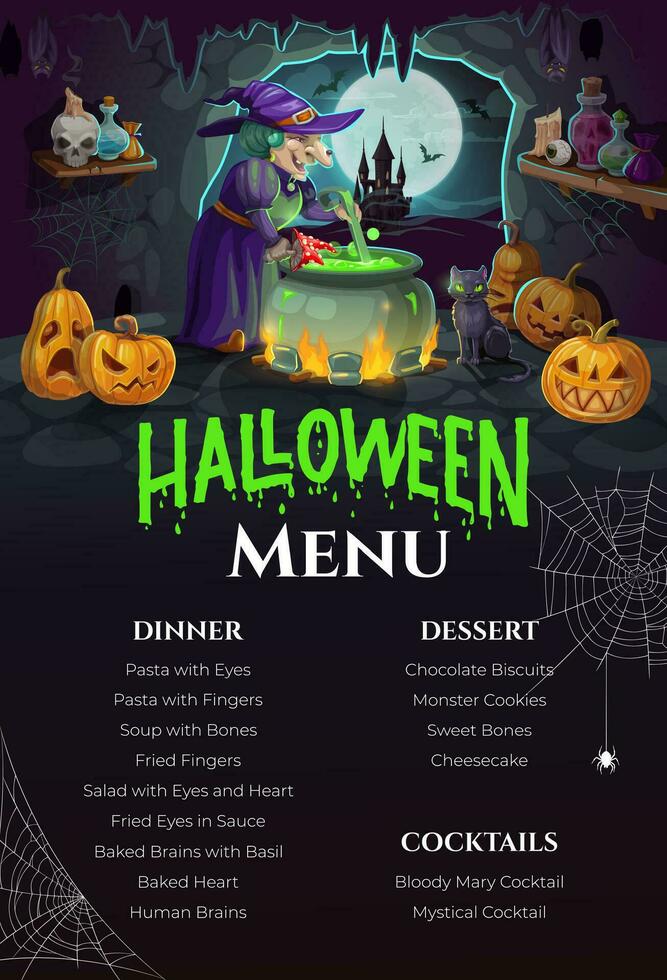 Halloween menu, dessin animé sorcière avec potion dans la grotte vecteur