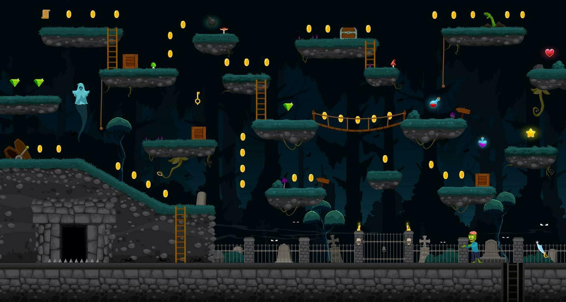 arcade Halloween cimetière Jeu niveau carte interface vecteur