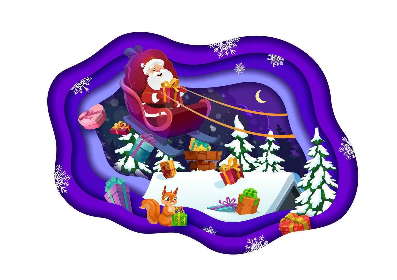 dessin animé papier Couper bannière, en volant Père Noël sur traîneau vecteur