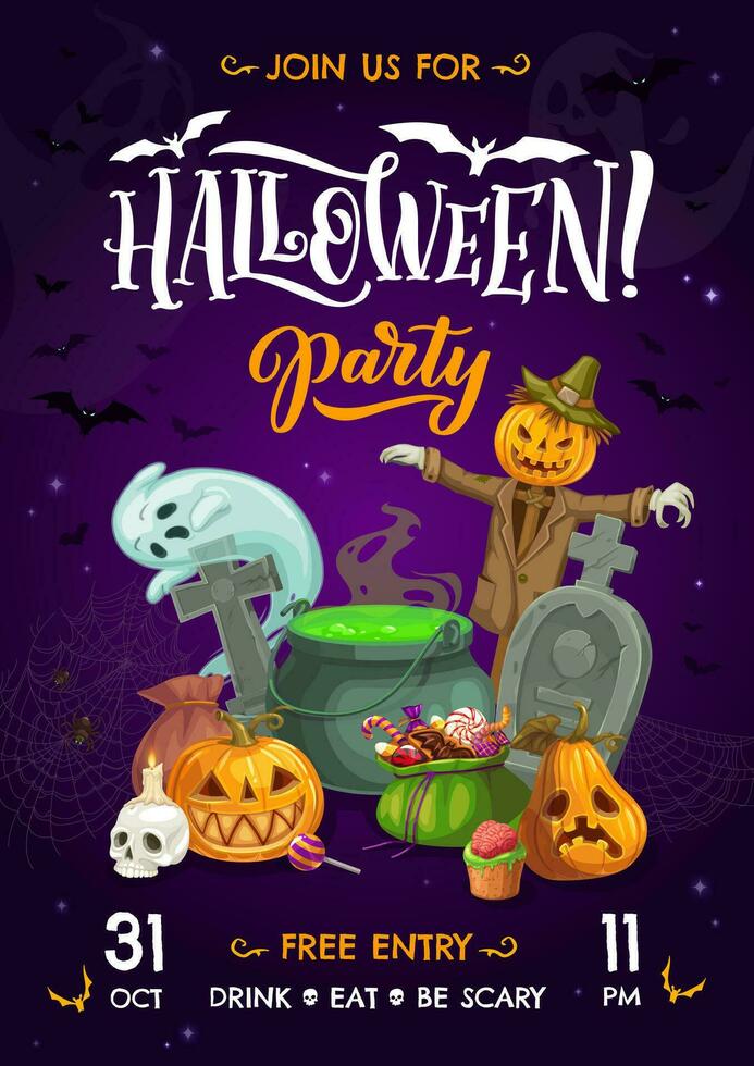 Halloween fête prospectus avec dessin animé sorcière chaudron vecteur