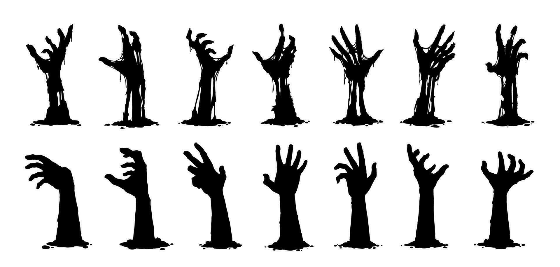 Halloween zombi mains isolé vecteur silhouettes
