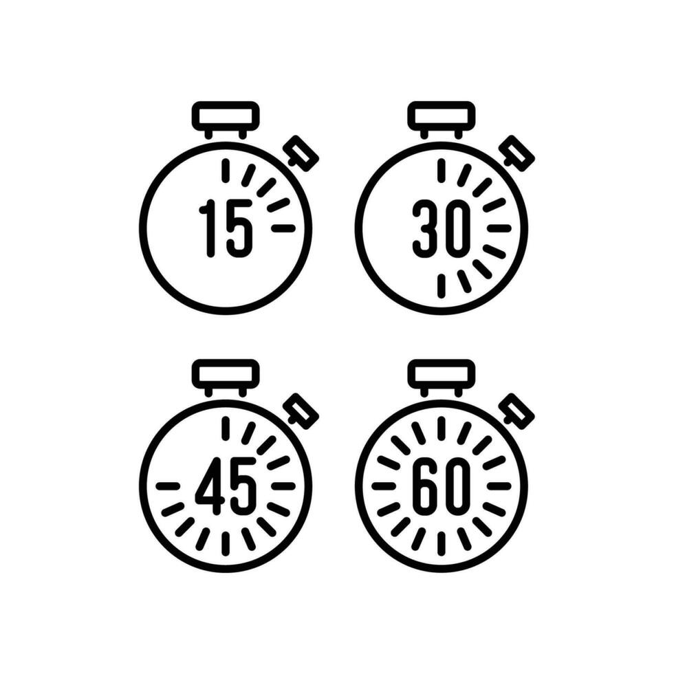 chronomètre ensemble pour chaque 15 minutes icône. compte à rebours analogique minuteur date limite ensemble. l'horloge cadran avec montrant minute dans quatre style pouvez être utilisation pour application. vecteur illustration. conception sur blanc Contexte. eps dix