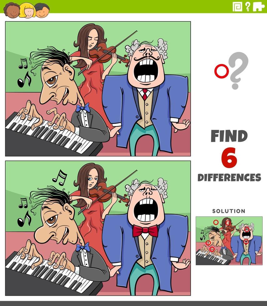 jeu éducatif sur les différences avec un groupe de musiciens de dessins animés vecteur