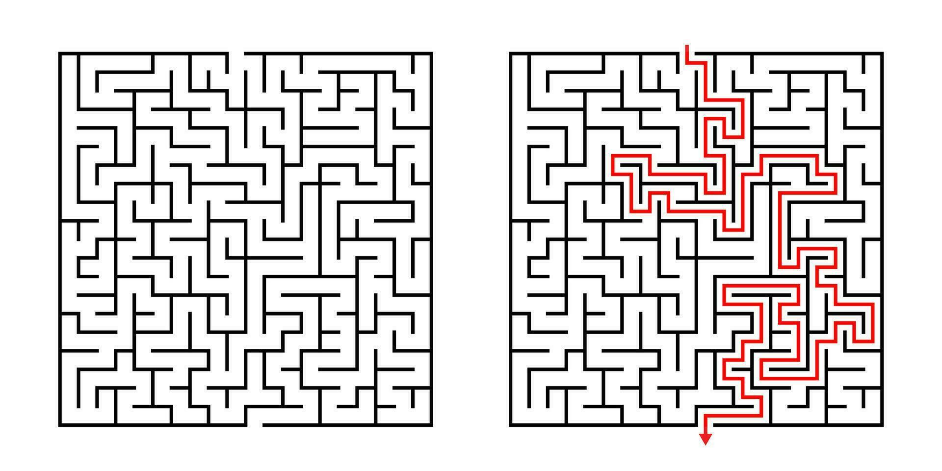 vecteur carré Labyrinthe - labyrinthe avec inclus Solution dans noir rouge. marrant éducatif esprit Jeu pour coordination, problèmes résoudre, décision fabrication compétences test.