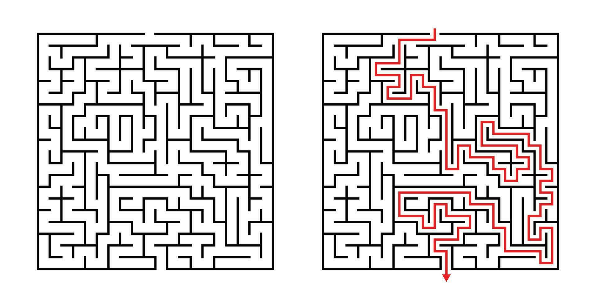 vecteur carré Labyrinthe - labyrinthe avec inclus Solution dans noir rouge. marrant éducatif esprit Jeu pour coordination, problèmes résoudre, décision fabrication compétences test.