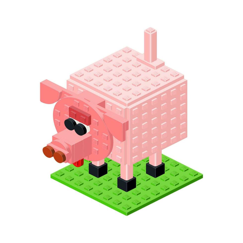 rose porc dans isométrie, jouet fabriqué de Plastique blocs. vecteur clipart