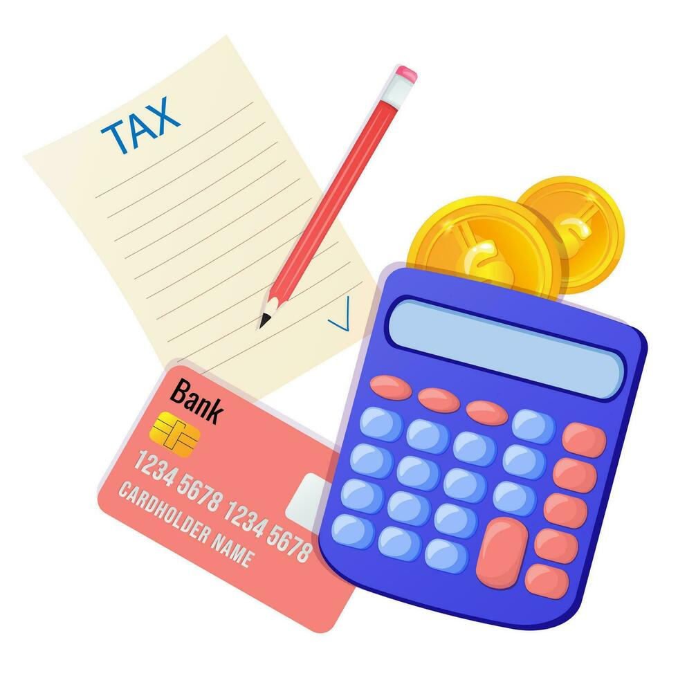 impôt journée bannière modèle avec calculatrice, pièce de monnaie, impôt forme et crédit carte vecteur